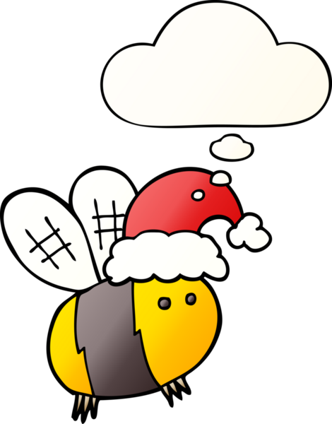 Bir insan tarafından çizilmiş düşünce baloncuklu Noel şapkası takan sevimli çizgi film arısı.