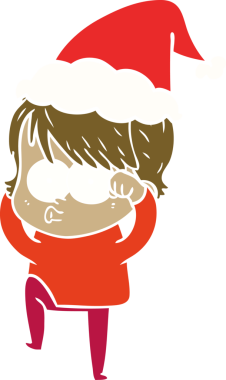 Bir insan tarafından çizilmiş Noel Baba şapkası takan bir kadının düz renkli çizimi.