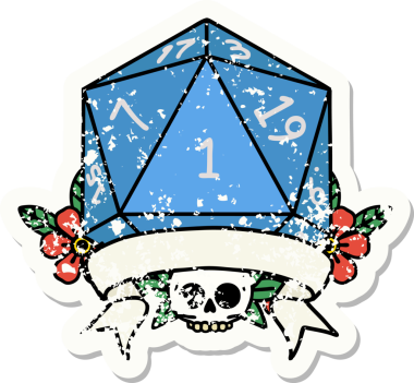 Bir insan tarafından çizilmiş doğal bir d20 zarının grunge çıkartması.