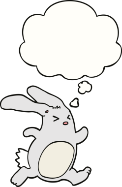 Bir insan tarafından çizilmiş düşünce kabarcığı olan çizgi film tavşanı.