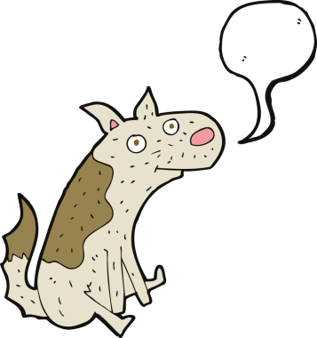 Bir insan tarafından çizilmiş konuşma balonlu bir çizgi film köpeği.