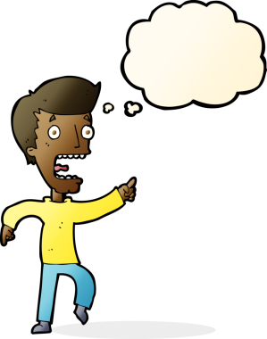 Bir insan tarafından çizilmiş düşünce baloncuğuyla dehşete düşmüş bir adam.