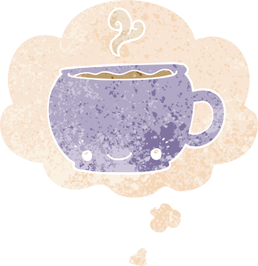 Düşünce baloncuklu karikatür sıcak kahve grunge sıkıntılı retro dokuma tarzı bir insan tarafından çizilmiş