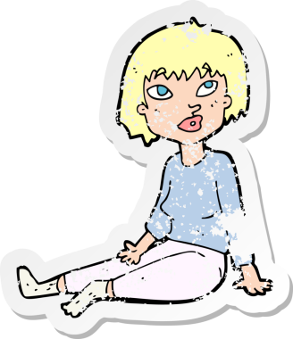 Bir insan tarafından çizilmiş yerde oturan bir karikatür kadının gerilimli retro çıkartması.