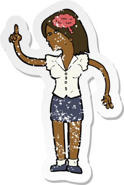 Bir insan tarafından çizilmiş zekice bir fikri olan karikatür bir kadının gerilimli retro yapıştırması.