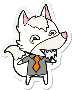 Bir insan tarafından çizilmiş ofis kıyafetleri içindeki aç kurt çizgi filminin çıkartması.