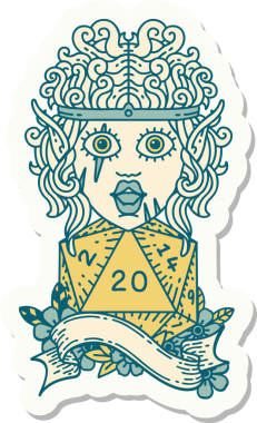 Bir insan tarafından çizilmiş 20 zarlı elf barbar karakterinin çıkartması.