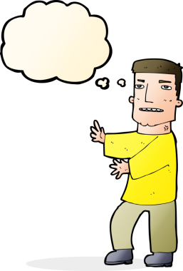 Bir insan tarafından çizilmiş düşünce balonuyla hareket eden bir karikatür adamı.