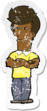 Bir insan tarafından çekilen kolları katlanmış bir çizgi film karakterinin gerilimli çıkartması.