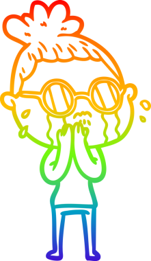 Gökkuşağı gradyan çizgi çizimi. Bir insan tarafından çizilmiş gözlük takan ağlayan bir kadın.