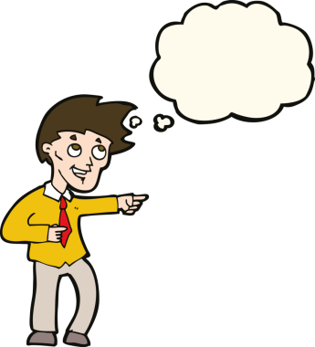 Bir insan tarafından çizilmiş düşünce baloncuğuyla işaret eden komik ofis adamı.