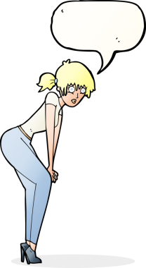 Bir insan tarafından çizilmiş konuşma balonuyla poz veren karikatür kadın.