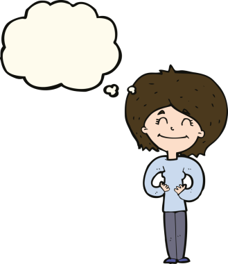 Bir insan tarafından çizilmiş düşünce balonlu mutlu kadın çizgi filmi.