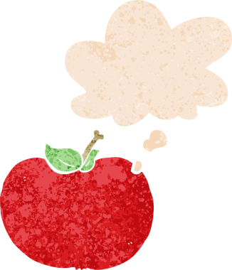 Düşünce baloncuklu çizgi film elması grunge sıkıntılı retro desenli bir insan tarafından çizilmiş