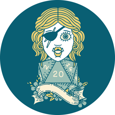 Retro Dövme Biçimli Ork karakteri bir insan tarafından çizilmiş 20 zar ile