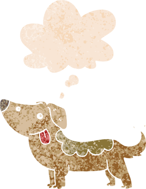 Düşünce baloncuğu ile çizgi film köpeğinin grunge sıkıntılı retro tarzı bir insan tarafından çizilmiş