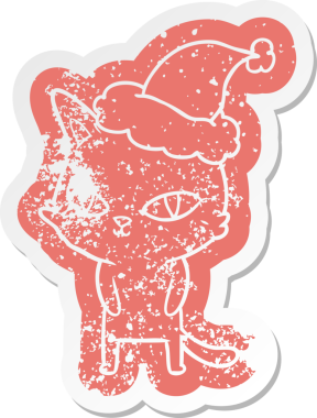 Garip bir çizgi film. Parlak gözlü, Noel Baba şapkası takan bir kedinin sıkıntılı çıkartması. Bir insan tarafından çizilmiş.