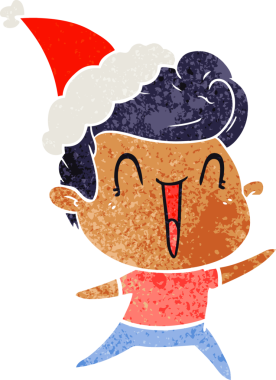 Bir insan tarafından çizilmiş Noel Baba şapkası giymiş heyecanlı bir adamın el çizimi karikatürü.