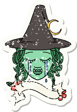 Bir insan tarafından çizilmiş, ağlayan yarım ork bir cadı yüzünün grunge çıkartması.