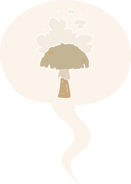 Spor bulutlu çizgi film mantarı. Konuşma baloncuğu retro tarzı bir insan tarafından çizilmiş.