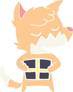 Bir insan tarafından çizilmiş Noel hediyeli düz renkli çizgi film tilkisi.