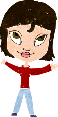 Bir insan tarafından çizilmiş kollarını sallayan mutlu kadın çizgi filmi.