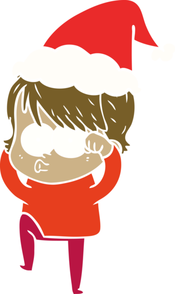 Bir insan tarafından çizilmiş Noel Baba şapkası takan bir kadının düz renkli çizimi.