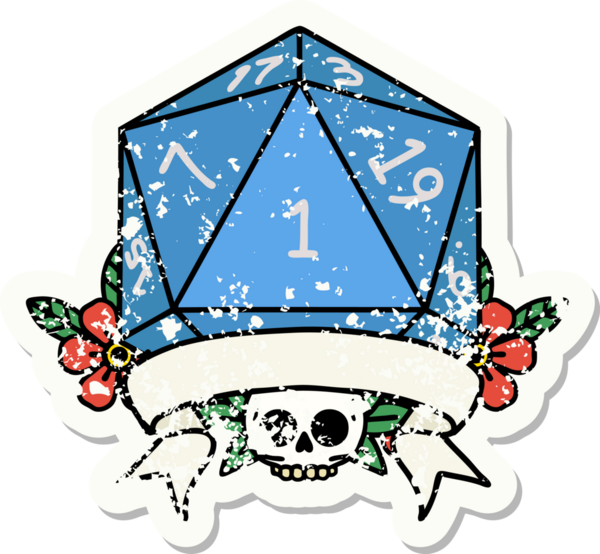 Bir insan tarafından çizilmiş doğal bir d20 zarının grunge çıkartması.