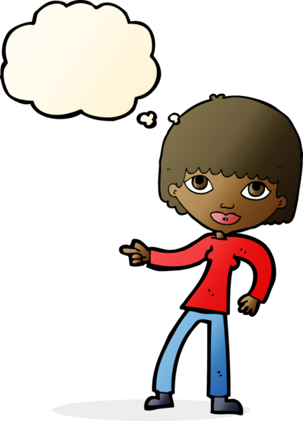 Bir insan tarafından çizilmiş düşünce balonuyla işaret eden çizgi film kadını.