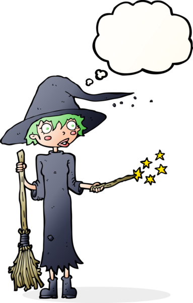 Bir insan tarafından çizilmiş düşünce baloncuğu ile çizgi film cadısı büyüsü