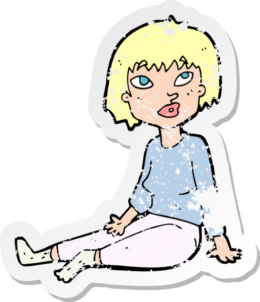 Bir insan tarafından çizilmiş yerde oturan bir karikatür kadının gerilimli retro çıkartması.