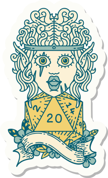 Bir insan tarafından çizilmiş 20 zarlı elf barbar karakterinin çıkartması.