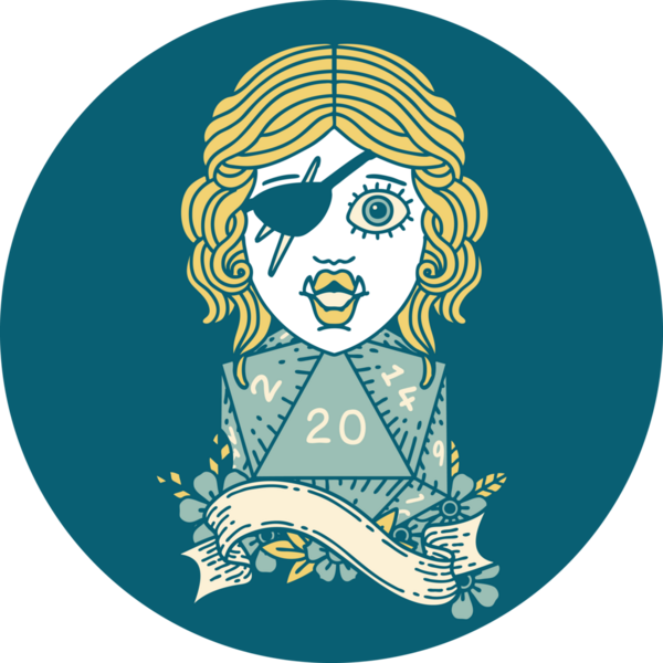 Retro Dövme Biçimli Ork karakteri bir insan tarafından çizilmiş 20 zar ile