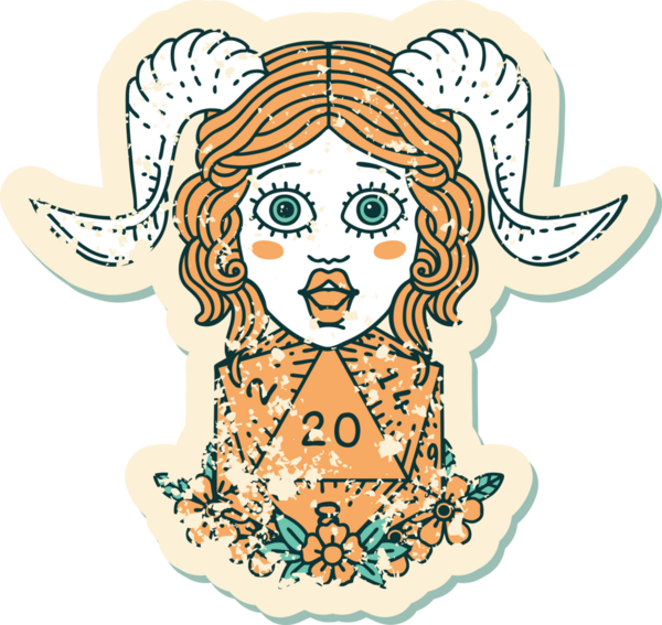 Bir insan tarafından çizilmiş D20 doğal yirmilik zarla yapıştırılmış grunge çıkartması.