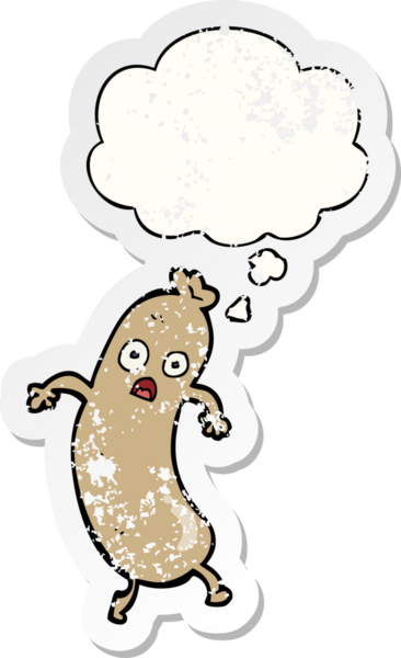 Düşünce baloncuklu çizgi film sosisi insan tarafından çizilmiş yıpranmış bir çıkartma gibi.