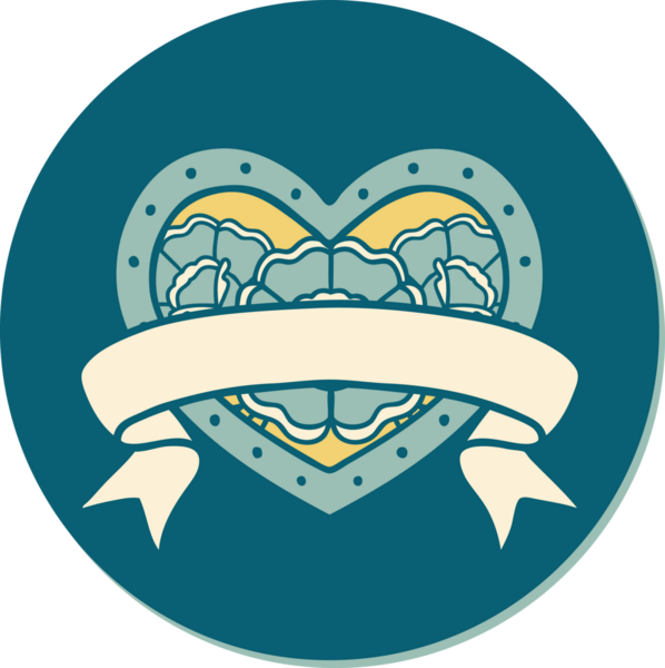 Geleneksel kalp stili dövme çıkartması ve bir insan tarafından çizilmiş çiçekli pankart.