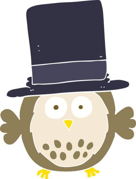 Bir insan tarafından çizilmiş silindir şapkalı baykuşun düz renk çizimi