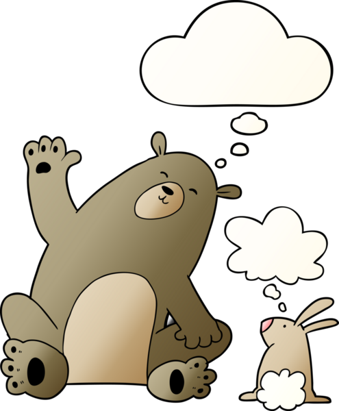 Çizgi film ayısı ve tavşan arkadaşları bir insan tarafından çizilmiş yumuşak eğimli düşünce baloncuğuyla