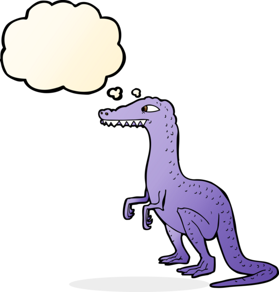 Bir insan tarafından çizilmiş düşünce baloncuklu bir dinozor.