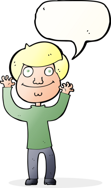 Bir insan tarafından çizilmiş konuşma balonu olan mutlu bir çocuk.