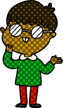 Bir insan tarafından çizilmiş gözlük takan çizgi film çocuğu.