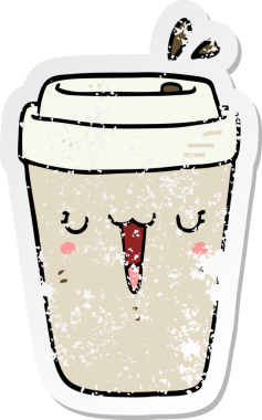 Bir insan tarafından çizilmiş çizgi film kahve fincanının sıkıntılı çıkartması.