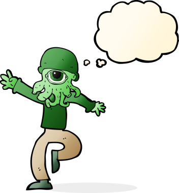 Bir insan tarafından çizilmiş düşünce baloncuğu olan uzaylı yaratık adam.