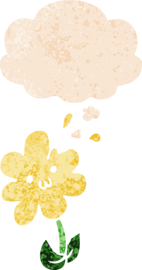 Düşünce baloncuğu ve grunge desenli karikatür çiçeği bir insan tarafından çizilmiş.