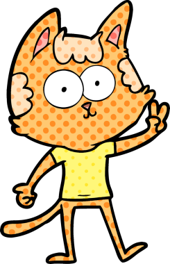 Mutlu çizgi film kedisi bir insan tarafından çizilmiş barış işareti veriyor.