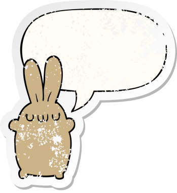 Konuşma baloncuğu olan çizgi film tavşanı bir insan tarafından çizilmiş sıkıntılı eski bir çıkartma