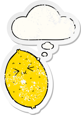 Karikatür acı limon. Düşünce baloncuklu. Üzüntülü bir çıkartma gibi.