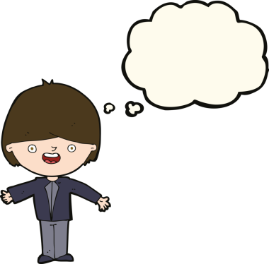 Bir insan tarafından çizilmiş düşünce baloncuğuyla kolları açık mutlu çocuk çizgi filmi.