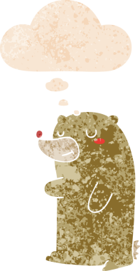 Bir insan tarafından çizilmiş grunge sıkıntılı retro tarzı düşünce baloncuğu ile sevimli çizgi film ayısı