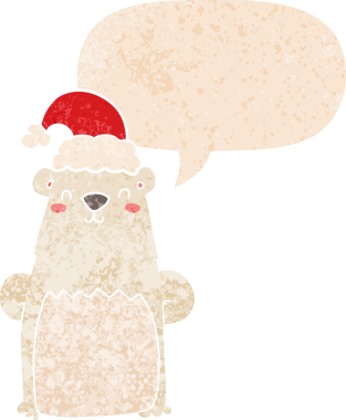 Çizgi film ayısı Noel şapkası takıyor ve grunge şeklinde konuşma balonu takıyor.